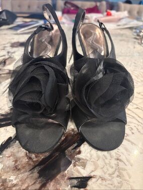 Black Floral Mesh Slingback Heels